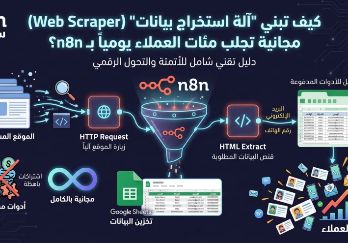 كيف تبني "آلة استخراج بيانات" (Web Scraper) مجانية تجلب مئات العملاء يومياً بـ n8n؟