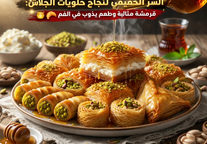 👉 السر الحقيقي لنجاح حلويات الجلاش: قرمشة مثالية وطعم يذوب في الفم 🍯🥐