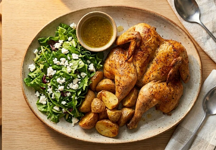 سر الدجاج المشوي المقرمش بالبطاطس مع سلطة الفيتا: وجبة عائلية متكاملة