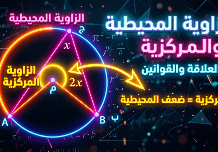 العلاقة بين الزاوية المحيطية والزاوية المركزية وتمارينها المشهورة