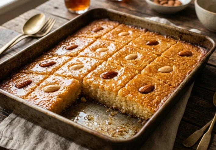 سر البسبوسة الناجحة: طريقة عمل البسبوسة الطرية والذهبية خطوة بخطوة مثل المحلات