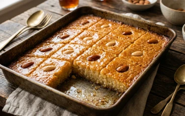 سر البسبوسة الناجحة: طريقة عمل البسبوسة الطرية والذهبية خطوة بخطوة مثل المحلات