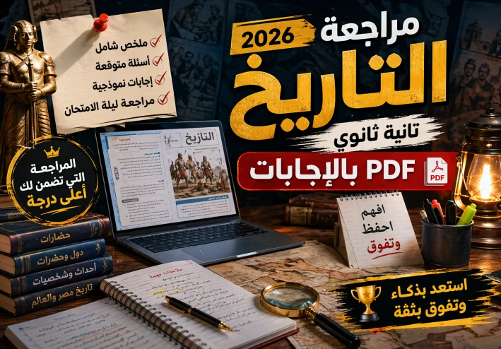 🔥 تحميل مراجعة تاريخ تانية ثانوي 2026 PDF بالإجابات | ليلة الامتحان + أقوى بنك أسئلة متوقعة بنسبة 90% + نماذج الوزارة الرسمية +معلومه مفيده