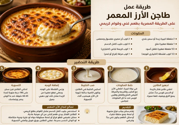 "طريقة عمل طاجن الأرز المعمر على الطريقة المصرية بطعم غني وقوام كريمي"