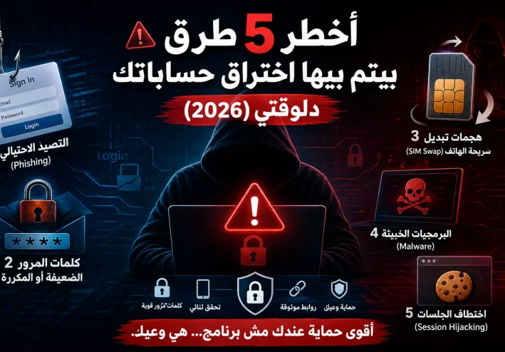 ⚠️ أخطر 5 طرق بيتم بيها اختراق حساباتك دلوقتي (2026)