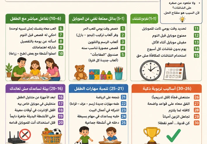 30 طريقة عملية لإبعاد أولادك عن الموبايل والتابلت والتليفزيون (دليل شامل لكل أم وأب)