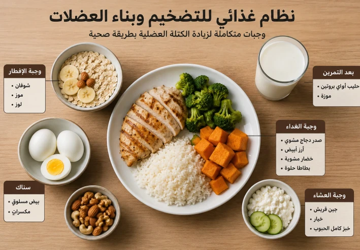نظام غذائي للتضخيم وبناء العضلات بطريقة صحية للمبتدئين والمحترفين