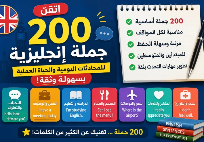 اتقن أهم 200 جملة في اللغة الإنجليزية للمحادثات اليومية والحياة العملية وفي المدرسه والعمل  بسهولة