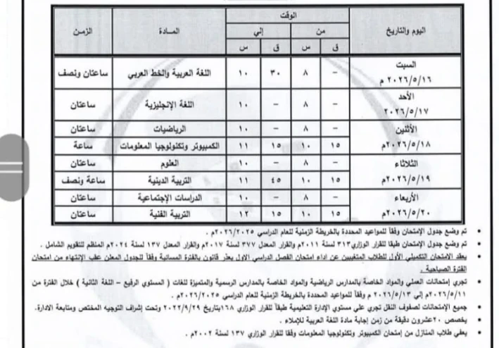 جدول امتحانات الصف الأول الثانوي الترم الثاني 2026 بمحافظة المنيا