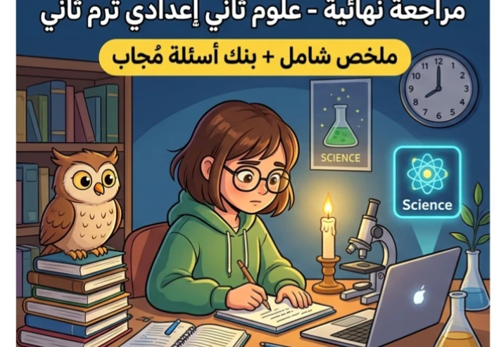 📒 تحميل مراجعة ليلة الامتحان علوم الصف الثاني الإعدادي ترم ثاني 2026 PDF – أقوى بنك أسئلة وإجابات نموذجية 110 صفحة