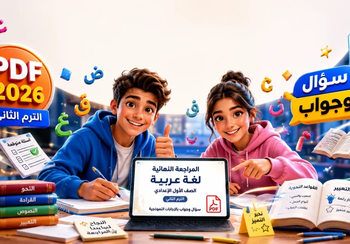 تحميل أقوى مراجعة نهائية لغة عربية للصف الأول الإعدادي الترم الثاني 2026 PDF سؤال وجواب بالإجابات النموذجية | مراجعة عربي أولى إعدادي كاملة📘