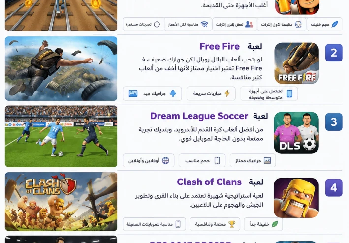 أفضل 5 ألعاب أندرويد خفيفة للأجهزة الضعيفة في 2026