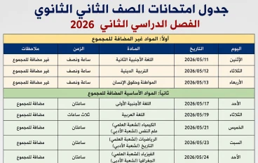 مواعيد امتحان الصف الثاني الثانوي  ترم تاني 2026