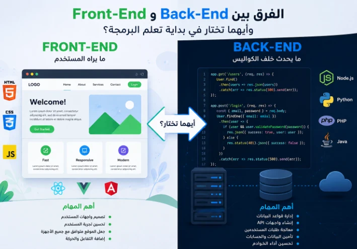الفرق بين Front-End و Back-End وأيهما تختار في بداية تعلم البرمجة؟